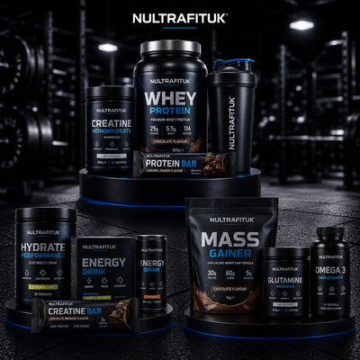 Fitness supplement stack bundle featuring vegan protein, whey protein, pre-workout, creatine and protein bars on a dark gym background
