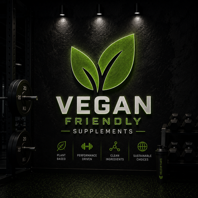 Vegan protein supplement tub on a dark gym background with weights