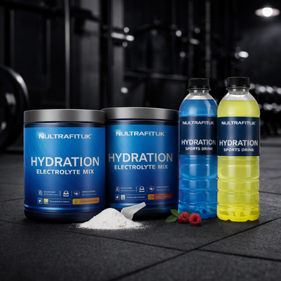 Hydration supplements including electrolyte drink mixes and sports drinks displayed in a gym setting with NULTRAFITUK containers
