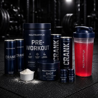 NULTRAFITUK pre-workout and energy supplements including pre-workout powder tubs, stimulant energy drink cans, pre-workout shots and a mixed pre-workout drink in a shaker bottle displayed on a rubber gym floor in a dark gym setting.