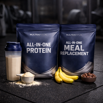 NULTRAFITUK all-in-one protein and meal replacement supplements designed for complete nutrition shakes displayed on a rubber gym floor in a dark gym setting.