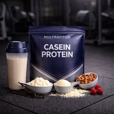 NULTRAFITUK casein protein powder with shaker bottle, cottage cheese, almonds and protein powder displayed on a rubber gym floor in a dark gym environment.