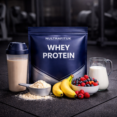 NULTRAFITUK whey protein powder with shaker bottle, milk, bananas and mixed berries displayed on a rubber gym floor in a dark gym environment.