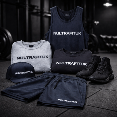 Gym apparel including training shorts, gym vest and workout clothing displayed in a gym setting with NULTRAFITUK branding