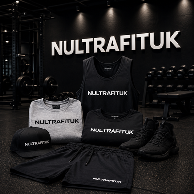 Gym apparel including training shorts, gym vest and workout clothing displayed in a gym setting with NULTRAFITUK branding