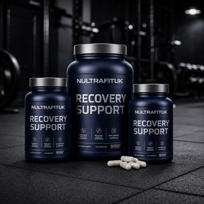 Recovery support supplements displayed in a gym setting with NULTRAFITUK containers designed to support muscle recovery and post-workout repair