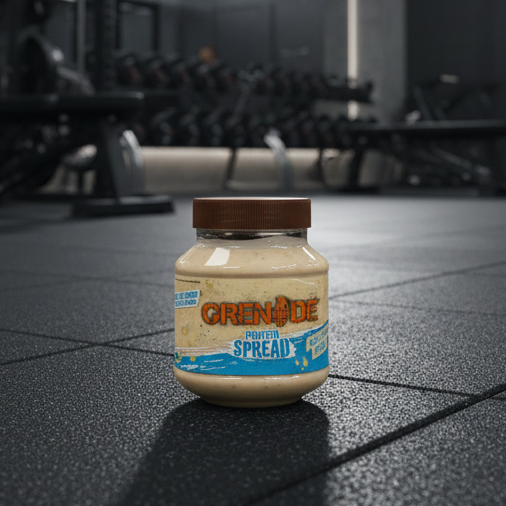 Jar of Grenade protein spread on a gym floor with equipment in the background