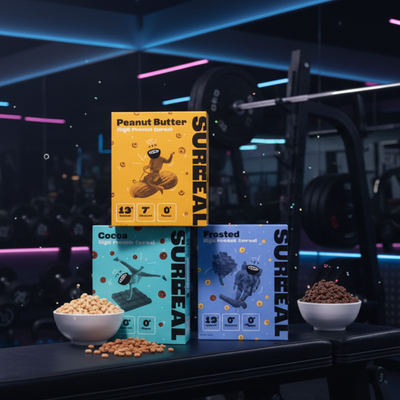 Surreal cereal boxes in various flavors with a gym background