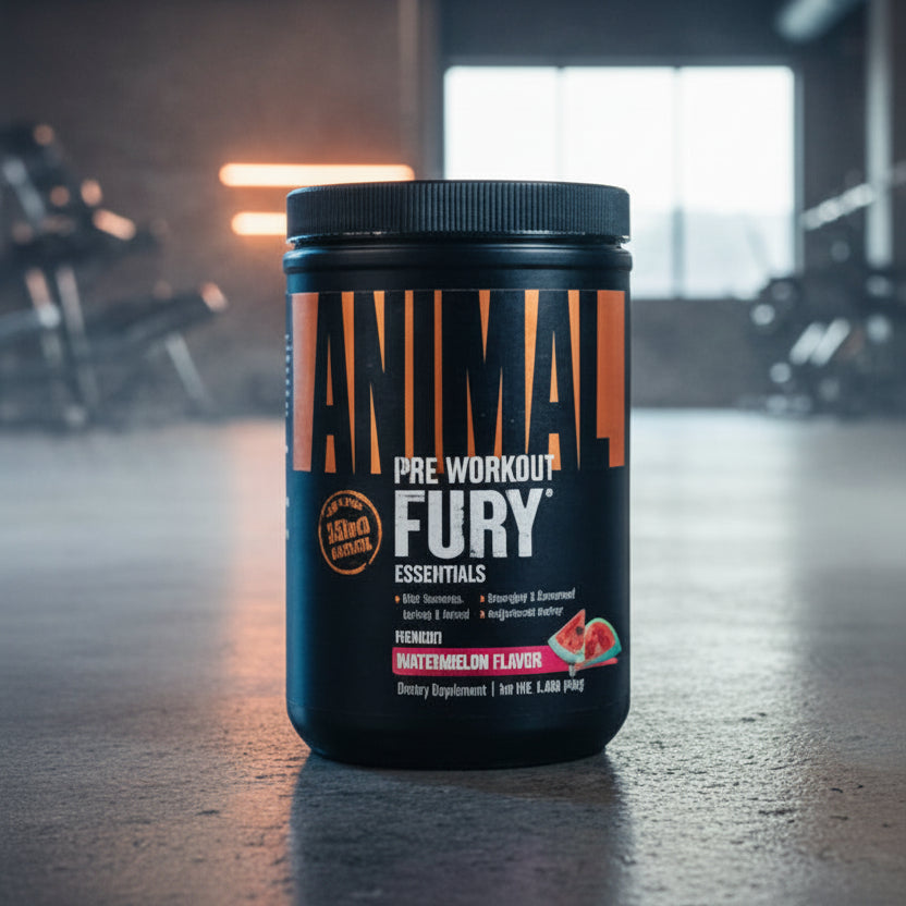 Black container of Animal Pre Workout Fury Essentials with watermelon flavor on a white background