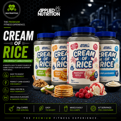 A promotional graphic for Applied Nutrition Cream of Rice carbohydrate supplement. The image features four jars of the product (Apple Cinnamon, Golden Flavour, Raspberry Apple, and Unflavoured) with various food props like pancakes, fruit, and ice cream on a dark textured background.