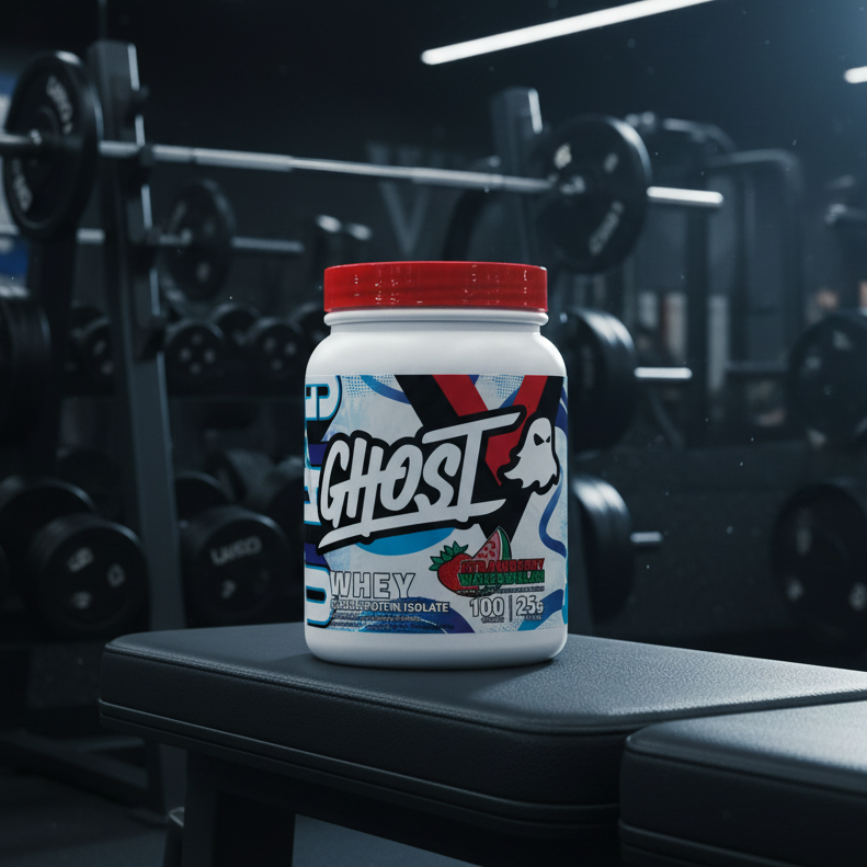 Ghost whey protein powder container with a colourful label on a gym floor