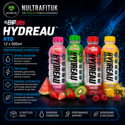 Four bottles of EHDlabs Hydreau RTD sports drink in pink, green, red, and yellow flavours, displayed on a dark blue background with water splash graphics and product feature callouts.