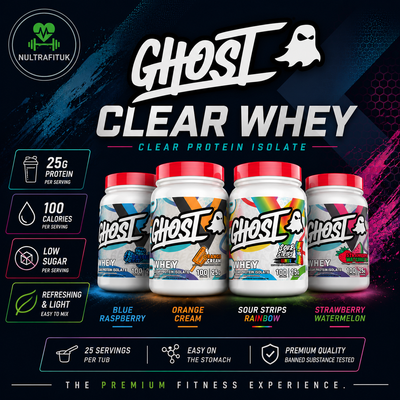 Promotional graphic for Ghost Clear Whey protein powder by NULTRAFITUK, showing four tubs of whey in Blue Raspberry, Orange Cream, Sour Strips Rainbow, and Strawberry Watermelon flavours against a dark blue and black background with colourful text and icons.