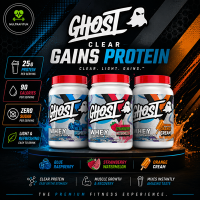Three tubs of Ghost Clear Gains Protein Whey in Blue Raspberry, Strawberry Watermelon, and Orange Cream flavours, displayed on a black and blue promotional background with NULTRAFITUK branding.