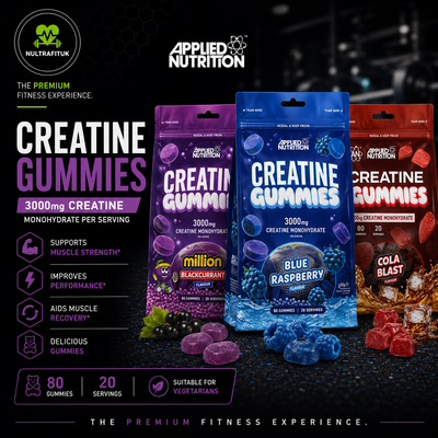 Three stand-up pouches of Applied Nutrition Creatine Gummies are displayed on a dark background with marketing text. The center pouch is blue raspberry (blue) and the side pouches are purple and red.