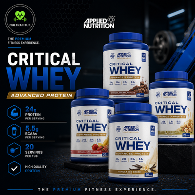 Four tubs of Applied Nutrition Critical Whey Advanced Protein in blue and white packaging, arranged on a dark gym-themed background with text highlighting protein content and serving size.