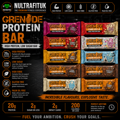 Promotional image of grenade protein bars in multiple flavours on a gym floor with nutritional information and promotional text around the products with NULTRAFITUK branding