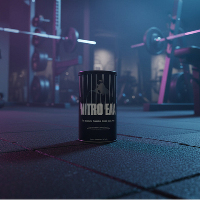 Animal Nitro EAA – 44-Packet Tub in gym setting