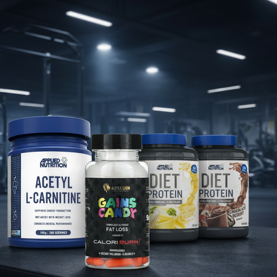 Supplement bottles including Acetyl L-Carnitine, Gains Candy, and Diet Protein in a gym setting.