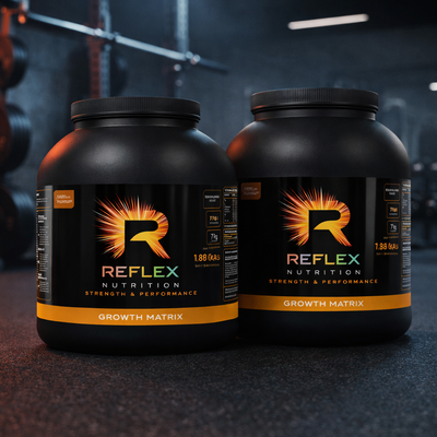 Two Reflex Nutrition supplement containers in a gym setting