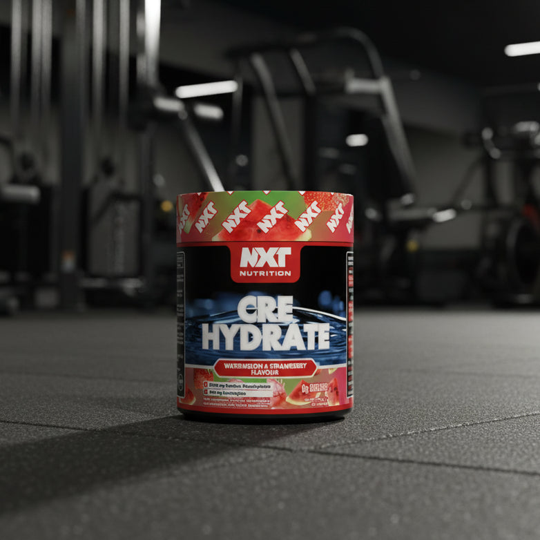 NXT Nutrition Cre Hydrate supplement container with watermelon and strawberry flavour on a gym background.