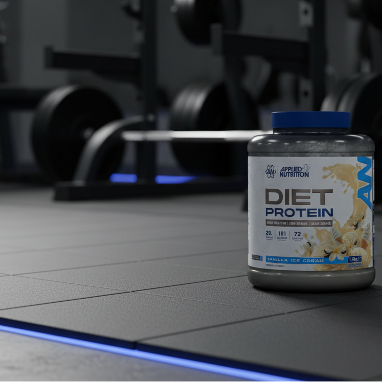 Applied Nutrition Diet Protein container with vanilla ice cream flavor on a gray background