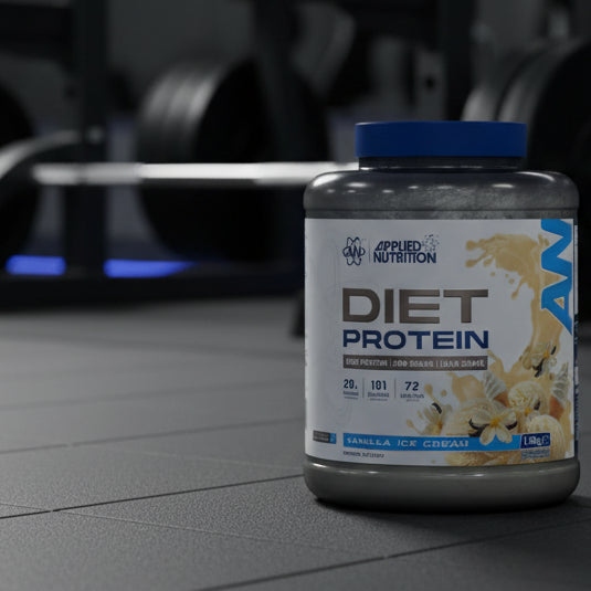 Applied Nutrition Diet Protein container with vanilla ice cream flavor on a gray background