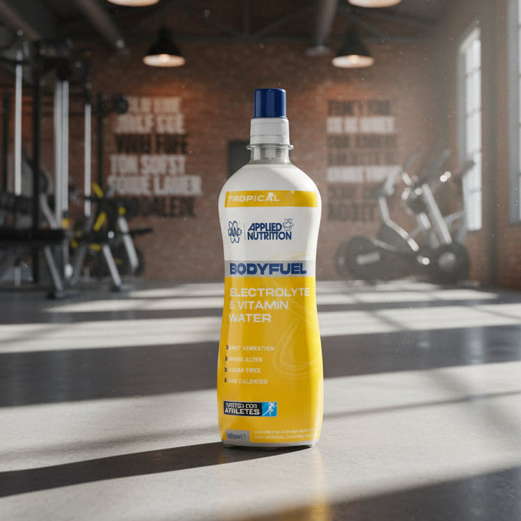 Bottle of Applied Nutrition BodyFuel Electrolyte and Vitamin Water on a gym background