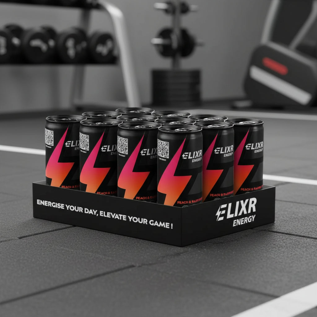 Display of Elixir Energy drinks in a black holder on a gym background