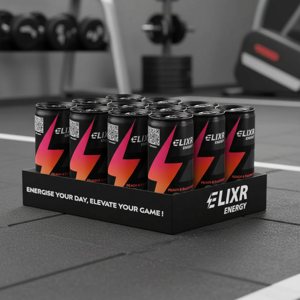 Display of Elixir Energy drinks in a black holder on a gym background