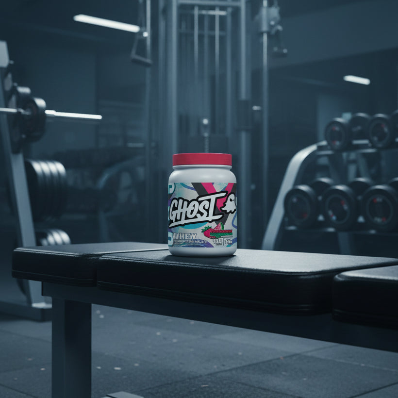 A white plastic tub of Ghost Whey Clear Protein Isolate in Strawberry Watermelon flavor, featuring a bright red lid and a colorful label with a ghost logo and watermelon graphic.