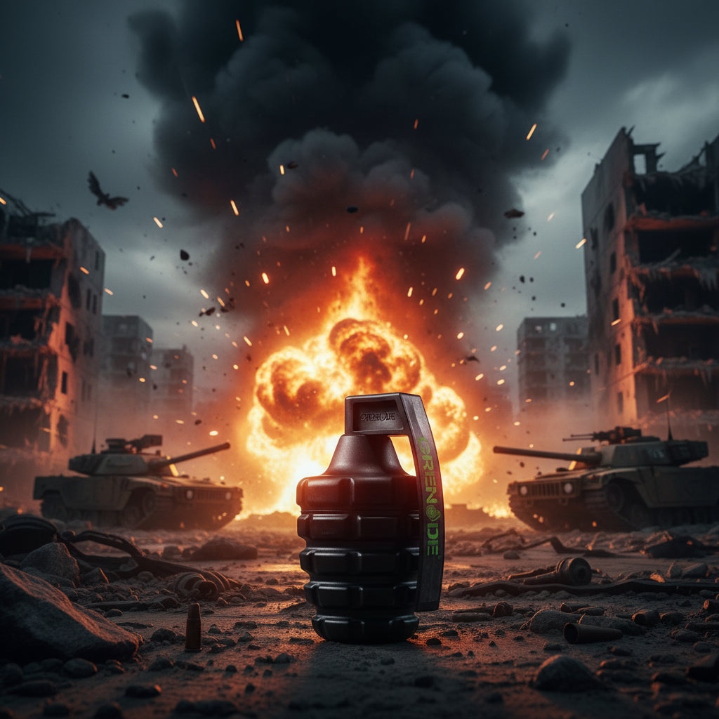 Grenade with 'TRENDE' branding in front of a large explosion and destroyed cityscape