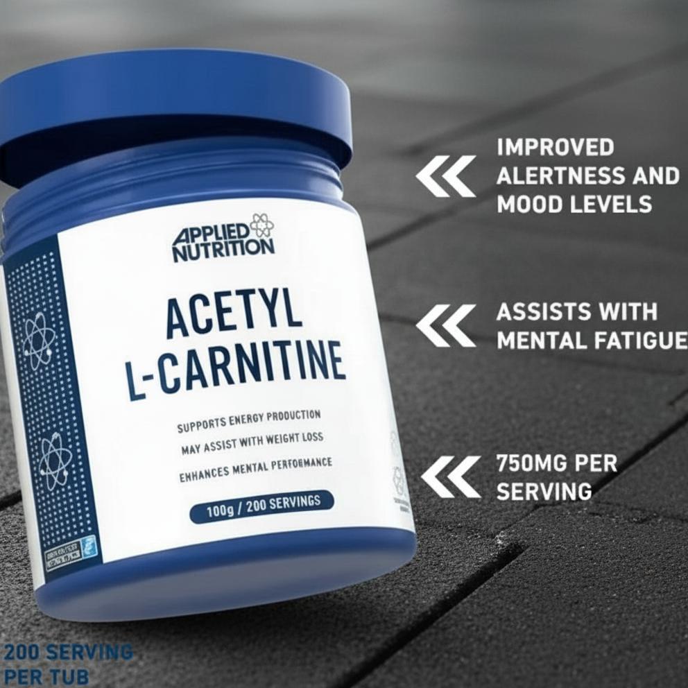 Applied Nutrition Acetyl L-Carnitine supplement container on a dark surface