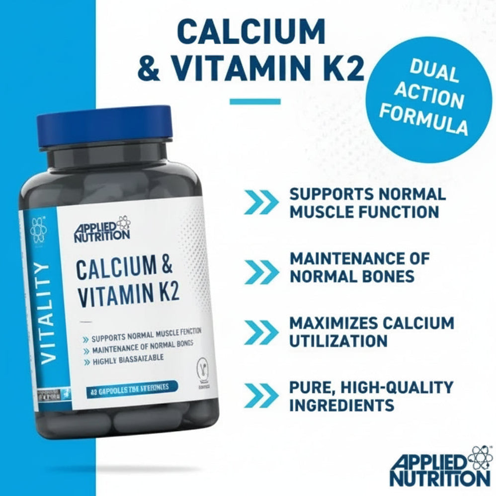 Applied Nutrition Calcium & Vitamin K2 supplement bottle with text on a blue background