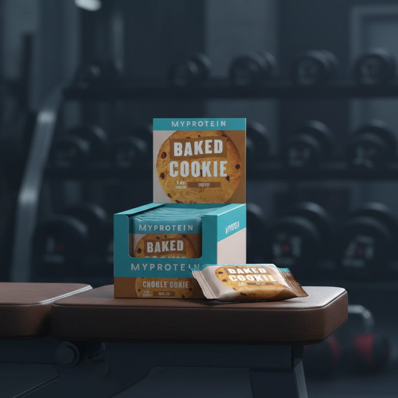 Box of MyProtein Baked Cookie protein bars on a gym background
