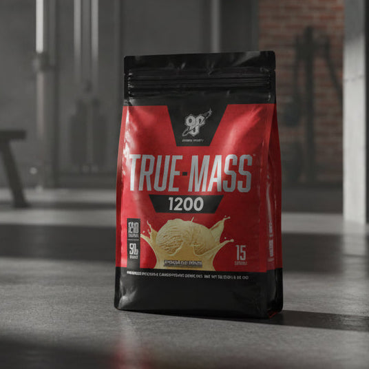 True Mass 1200 protein supplement package on a gym background