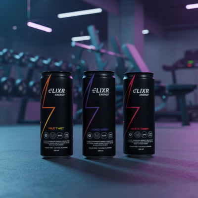 Three Elixir Energy drink cans with different flavors on a gym floor background