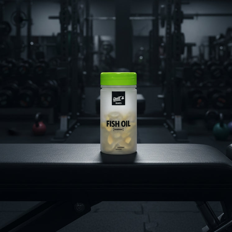 Ghost Basics Fish Oil supplement container on a gym background