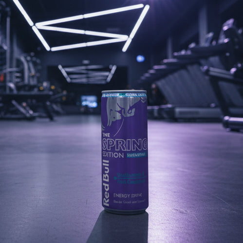 Red Bull energy drink can on a dark floor with a futuristic background