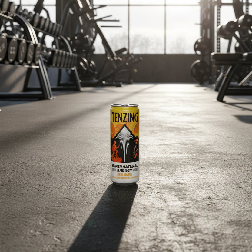 Tenzing Super Natural Energy drink can on a gym background