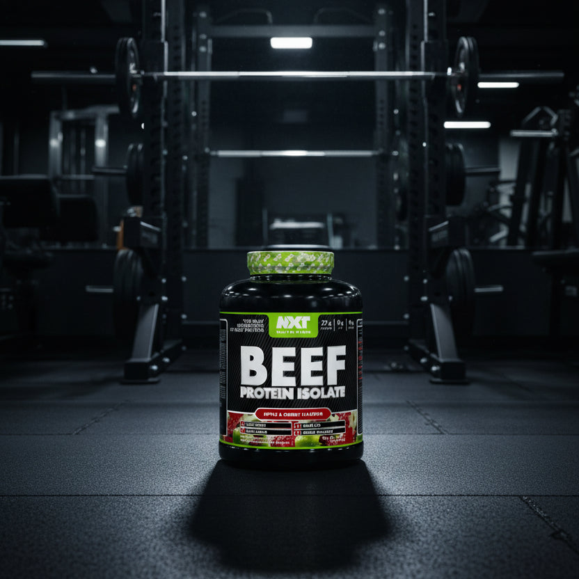 NXT Nutrition Beef Protein Isolate container with label detailing ingredients and benefits.