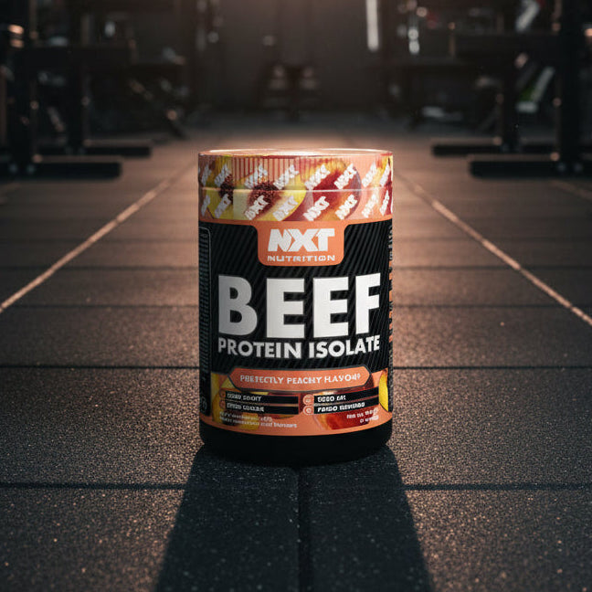 NXT Nutrition Beef Protein Isolate container with peach flavor on a black background