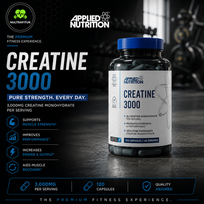 Applied Nutrition Creatine 3000 supplement bottle with a blue cap and white label, shown on a dark gym-themed background with product benefits listed on the left.