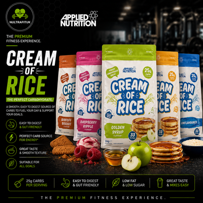 Five stand-up pouches of Applied Nutrition Cream of Rice carbohydrate supplement are displayed on a dark tabletop with food props including pancakes, honey, green apples, raspberries, and biscuits. The packages are shown in multiple flavours: biscoff, raspberry, golden syrup, vanilla, and fruit.