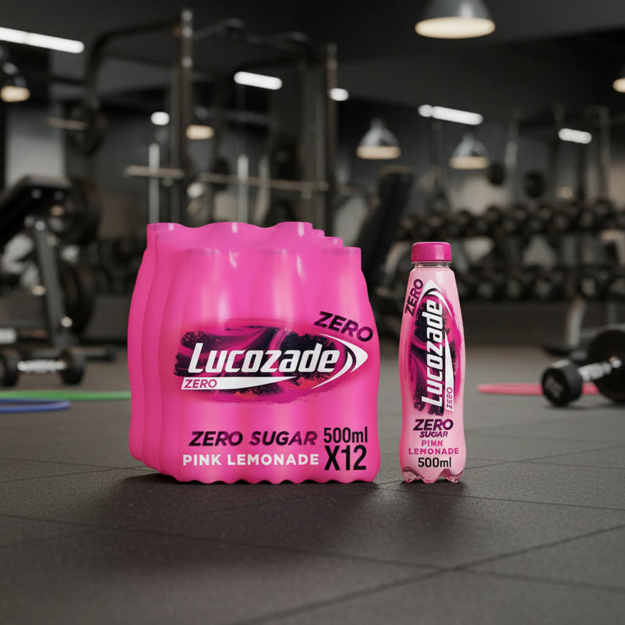 Lucozade Zero Pink Lemonade packaging including a bottle and carton on a gym background