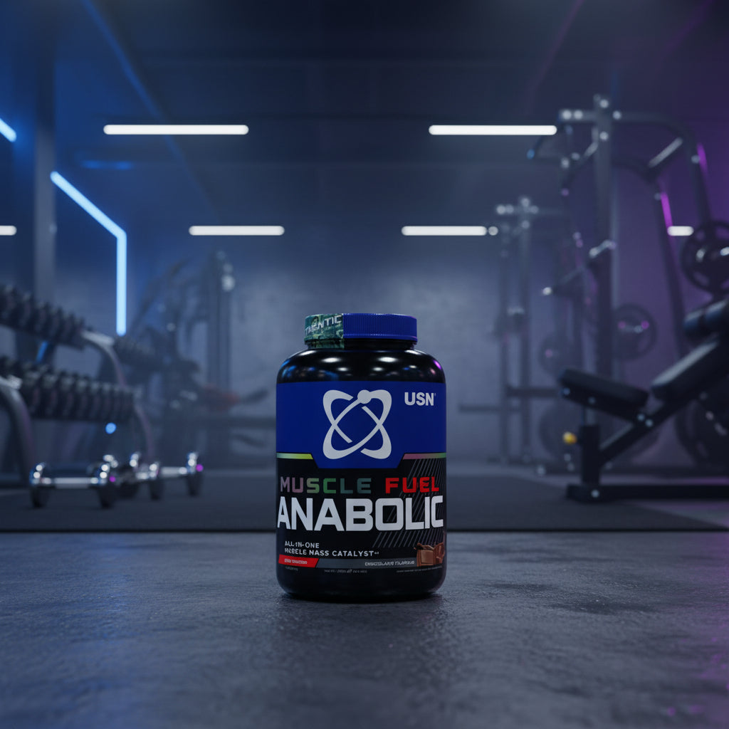 USN Muscle Fuel Anabolic supplement bottle on a gym background