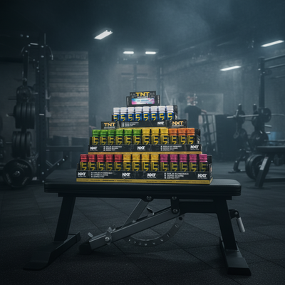 Stack of supplement bottles with visible branding in a gym setting