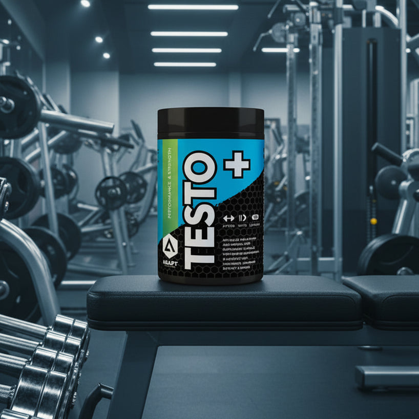 Supplement container labeled 'TESTO+' in a gym setting