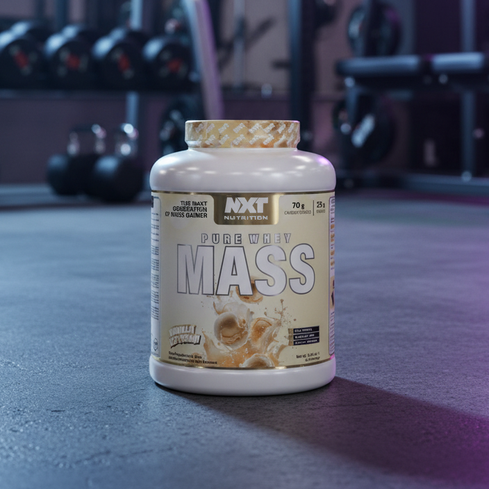 Container of NXT Pure White Mass supplement in a gym setting