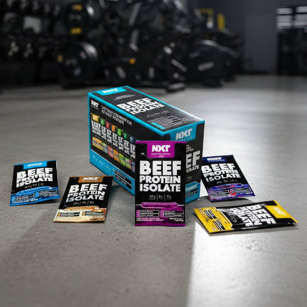NXT beef protein isolate packaging on a gym floor with exercise equipment in the background